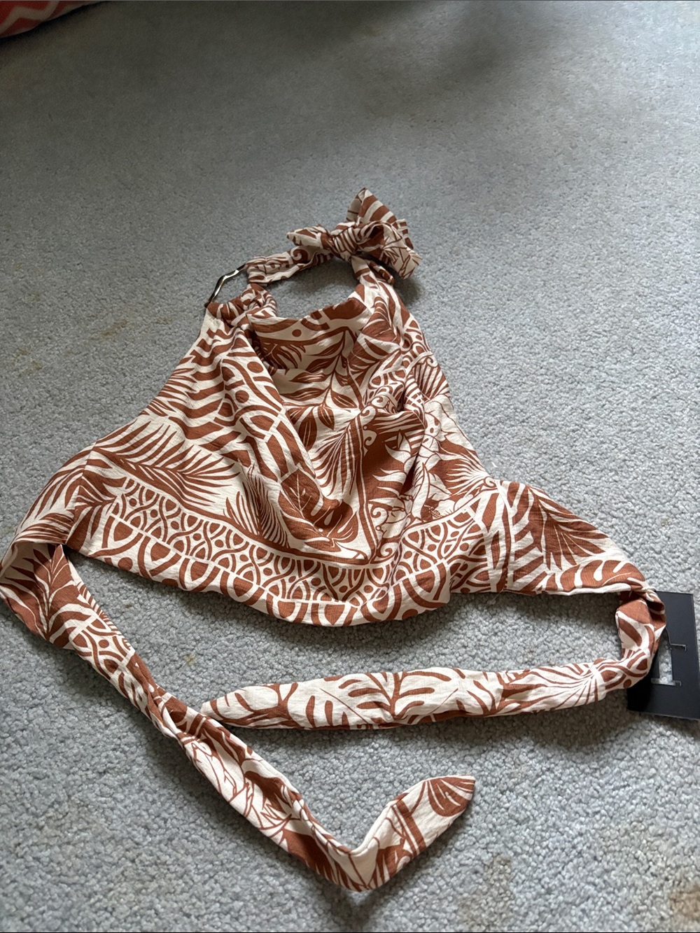 Discovery Brown and Cream Tropical Halter Crop Top open tie back